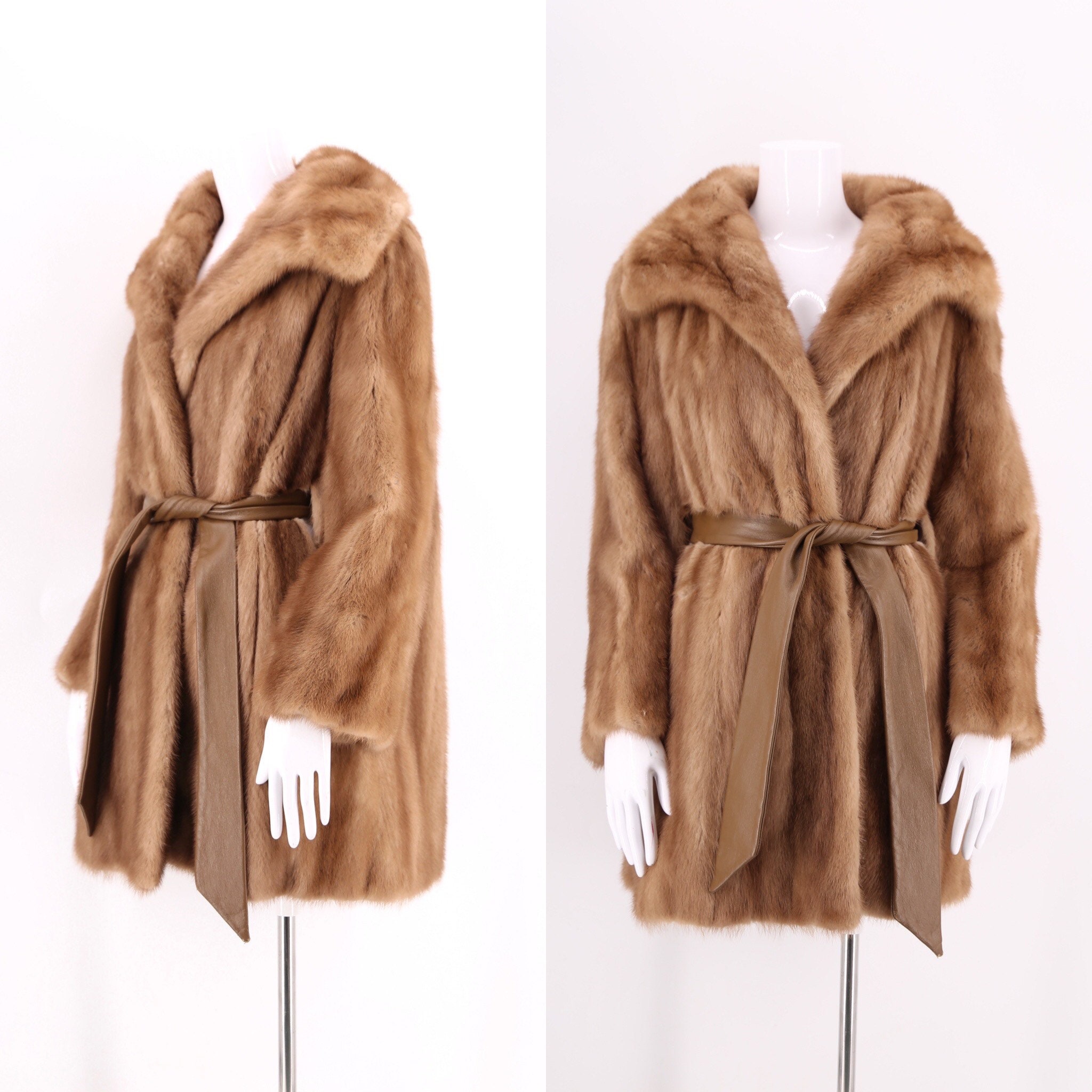 70s glossy fawn mink belted coat / vintage 1970s hip length fur coat w