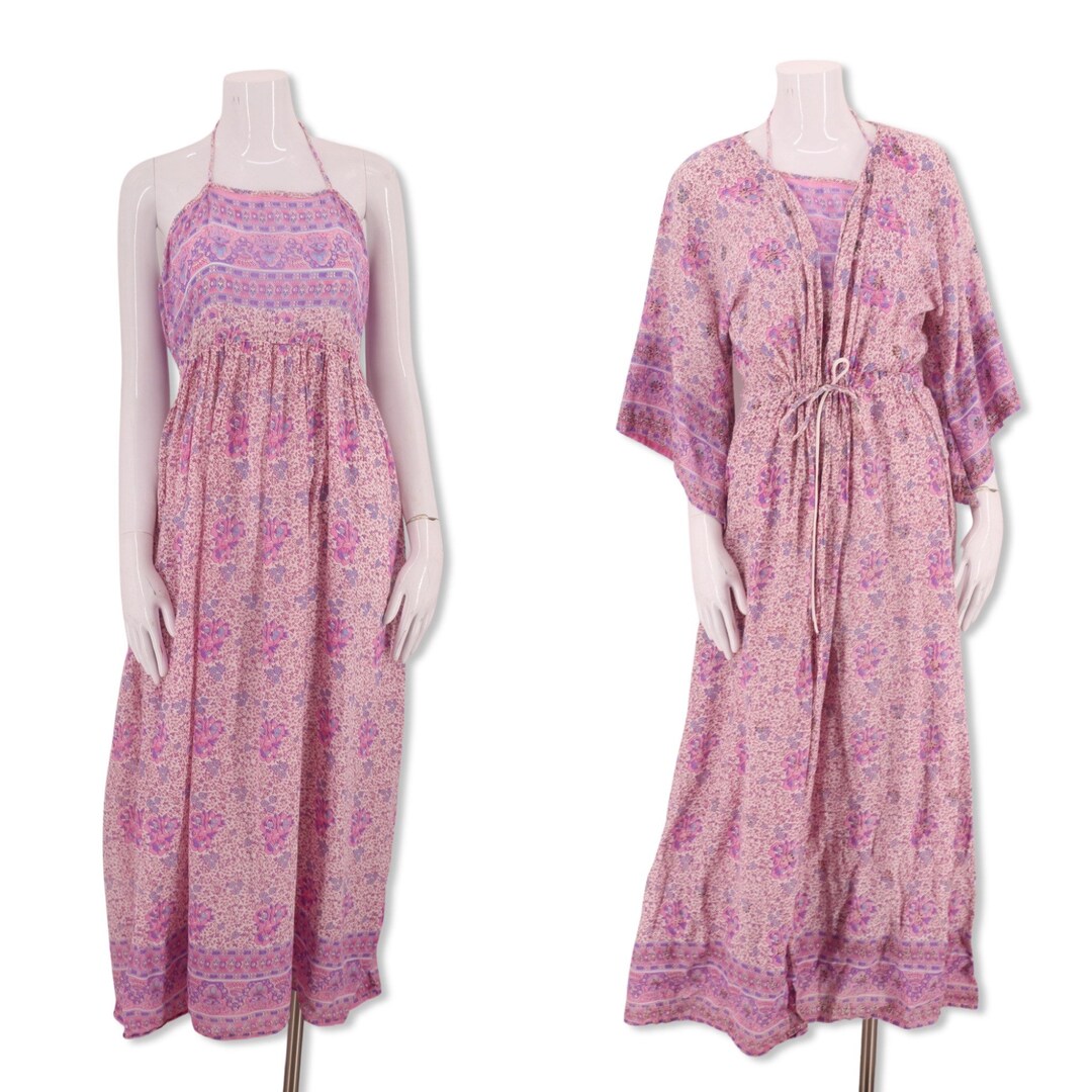 70s India Print Cotton Peasant Dress Set M, Vintage 1970s Pink Block