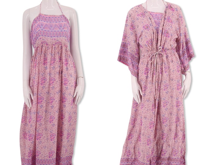 70s India print cotton peasant dress set M, vintage 1970s pink block print halter and caftan outfit, sheer cotton duster robe adini phool