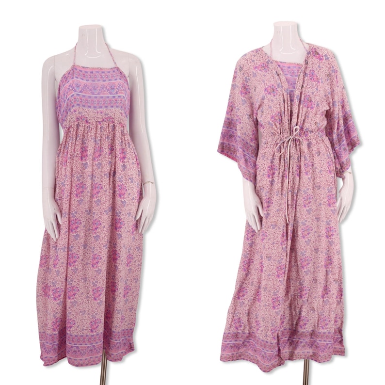 70s India print cotton peasant dress set M, vintage 1970s pink block print halter and caftan outfit, sheer cotton duster robe adini phool image 1