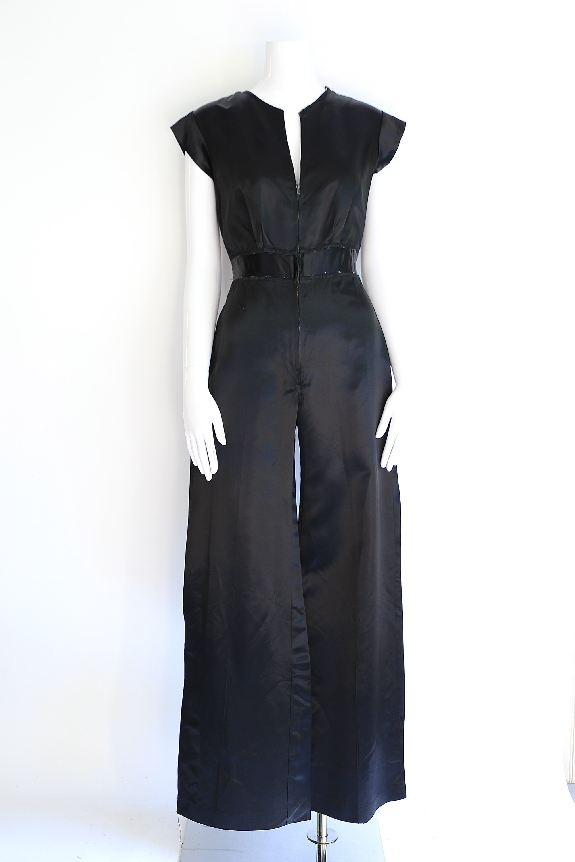 70s vintage black satin jumpsuit size M / 1970s original glam rock and roll one piece size