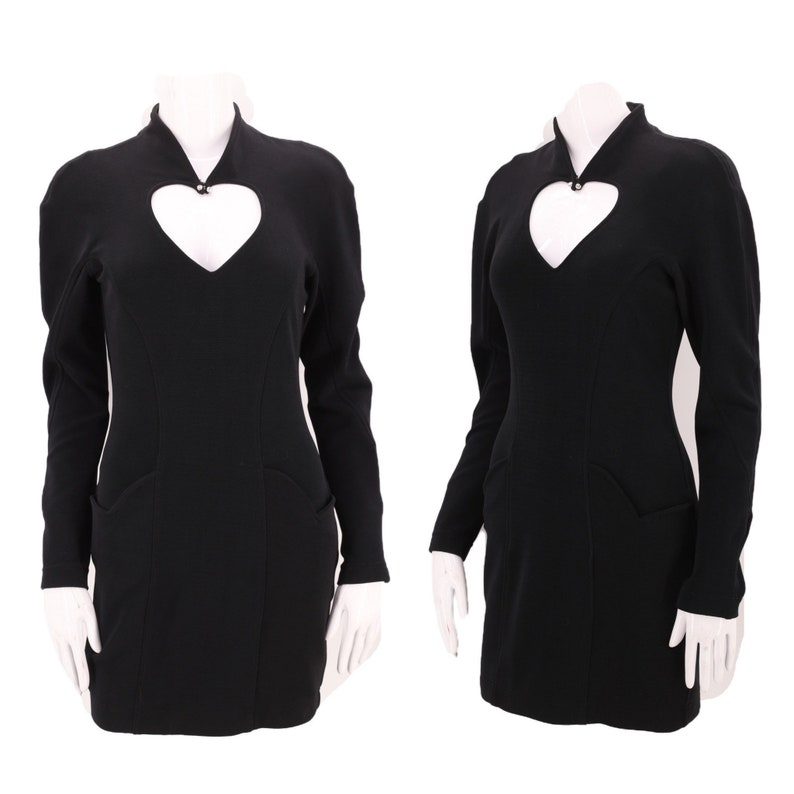 90s LILLIE RUBIN body con heart dress black sz 6 : vintage 1990s cut out stretch tight mini cocktail M image 1