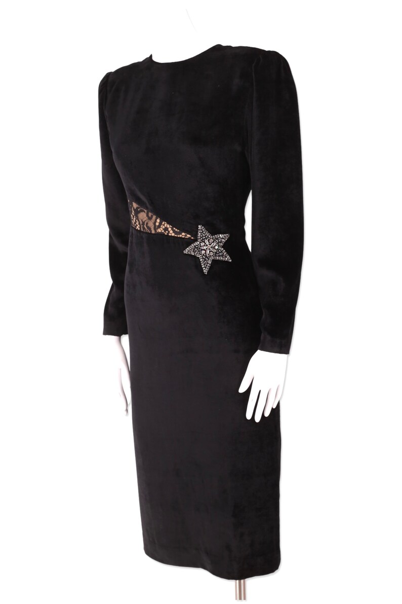 80s HANAE MORI vintage velvet dress 6 / black 1980s cocktail dress / celestial print evening holiday dress designer Japan M image 3