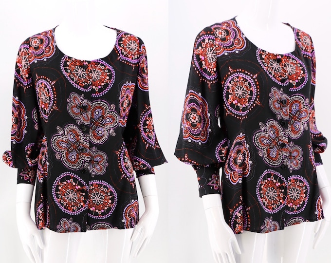 60s UNGARO vintage blouse M, vintage 60s starburst print top, 70s bishop sleeve blouse,  1960s Emanuel Ungaro rayon top