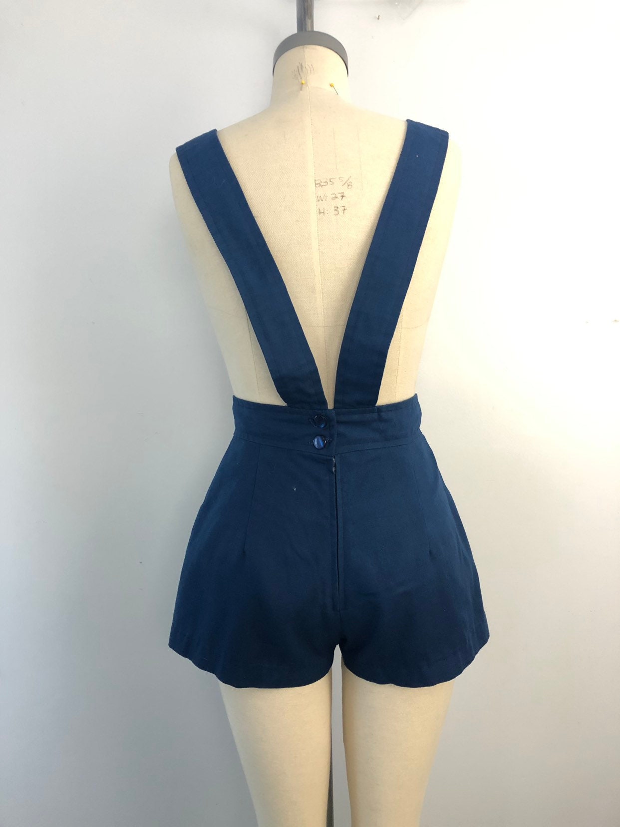 70s ROMPER hot shorts navy and yellow shortalls vintage 1970s 8