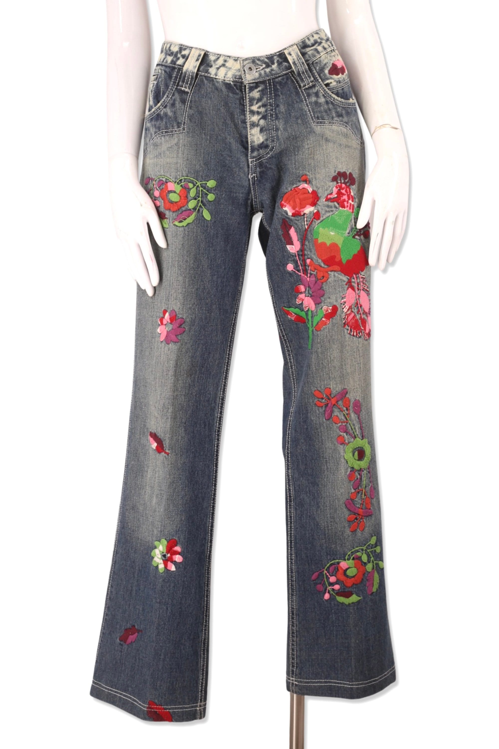 Y2k ANTIK DENIM embroidered jeans 31 / vintage 2000s bird flower folk  embroidered pants / low rise jeans