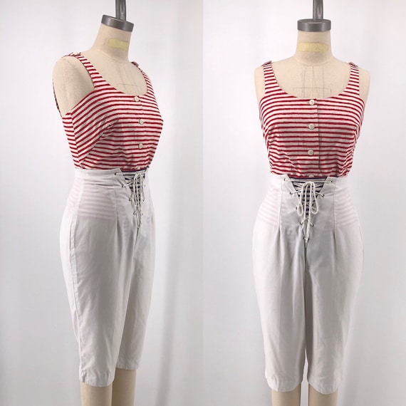 50s SAILOR OUTFIT Cotton Striped Top and Lace up White Pants