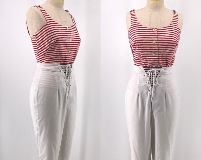 50s SAILOR OUTFIT cotton striped top and lace up white pants with reversible placket 1950s vintage 26"