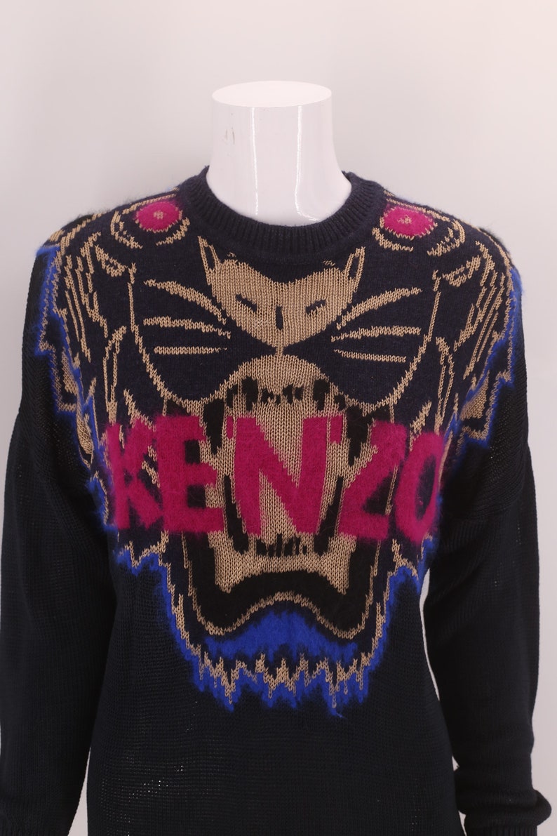 KENZO logo print sweater sz S / vintage Kenzo Paris black Angora knit lion sweater top image 8