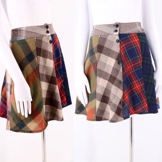 90s Antique Boutique Pieced Plaid Mini Skirt L / v