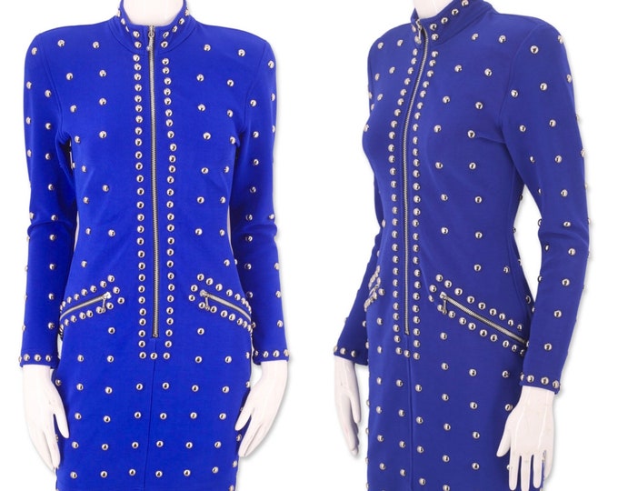 90s TADASHI studded dress sz S , vintage 1990s cobalt blue body con dress, vintage 90s designer, club dress, evening dress