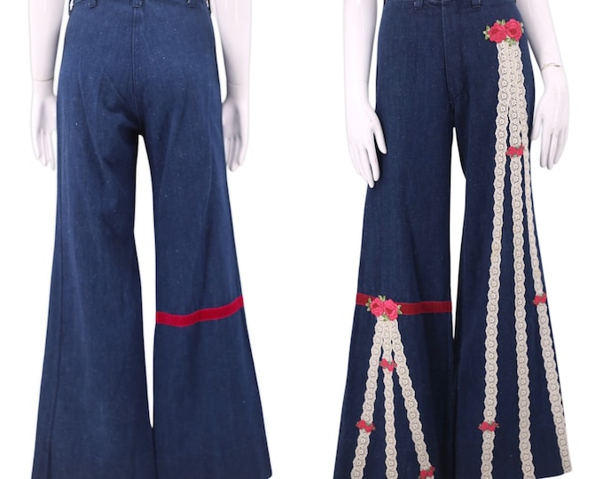 70s PETIT FORS dark denim high waisted bell bottom jeans sz 28 / vintage 1970s custom appliqué lace bells bottoms flares pants sz 8