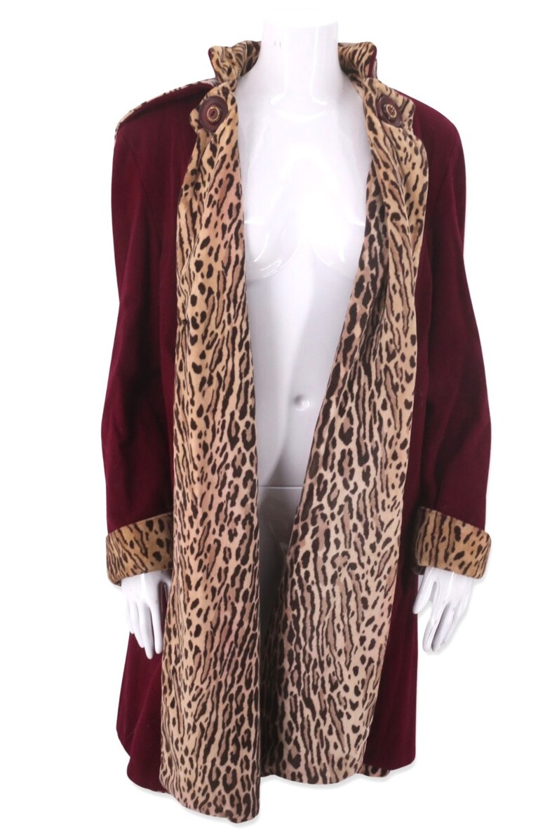 40s hooded leopard swing coat, vintage 1940s cranberry winter coat, cheetah print coat, 30s Deco coat M/L image 2