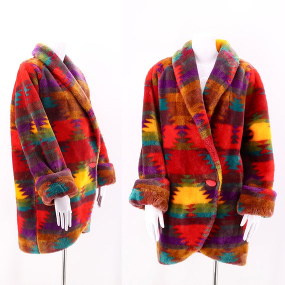 90s Southwest Print Plush Faux Fur Coat / vintage