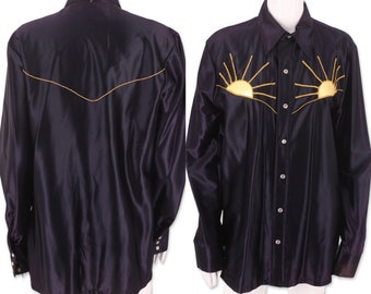 70s mens satin shirt M, vintage 1970s black snap front shirt, gold appliqué sunrise shirt, glam rock disco M 40