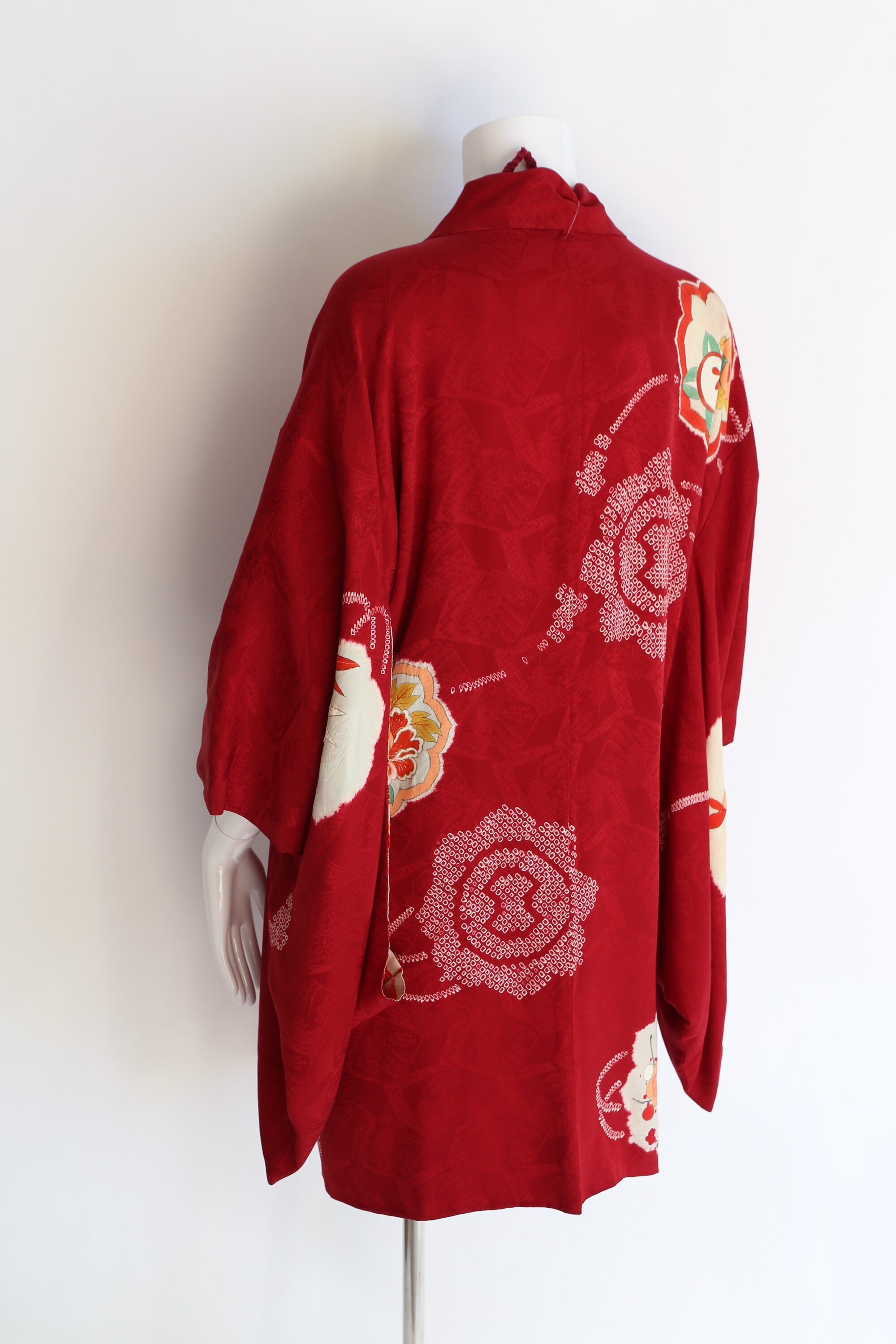 vintage red silk Japanese kimono / 50s cherry blossom print short ...