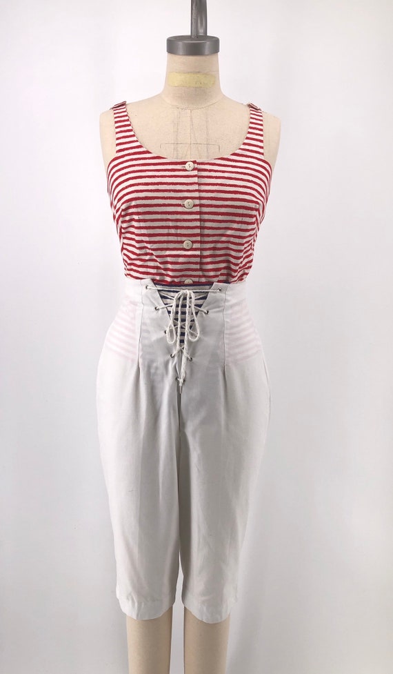 50s SAILOR OUTFIT cotton striped top and lace up … - image 2