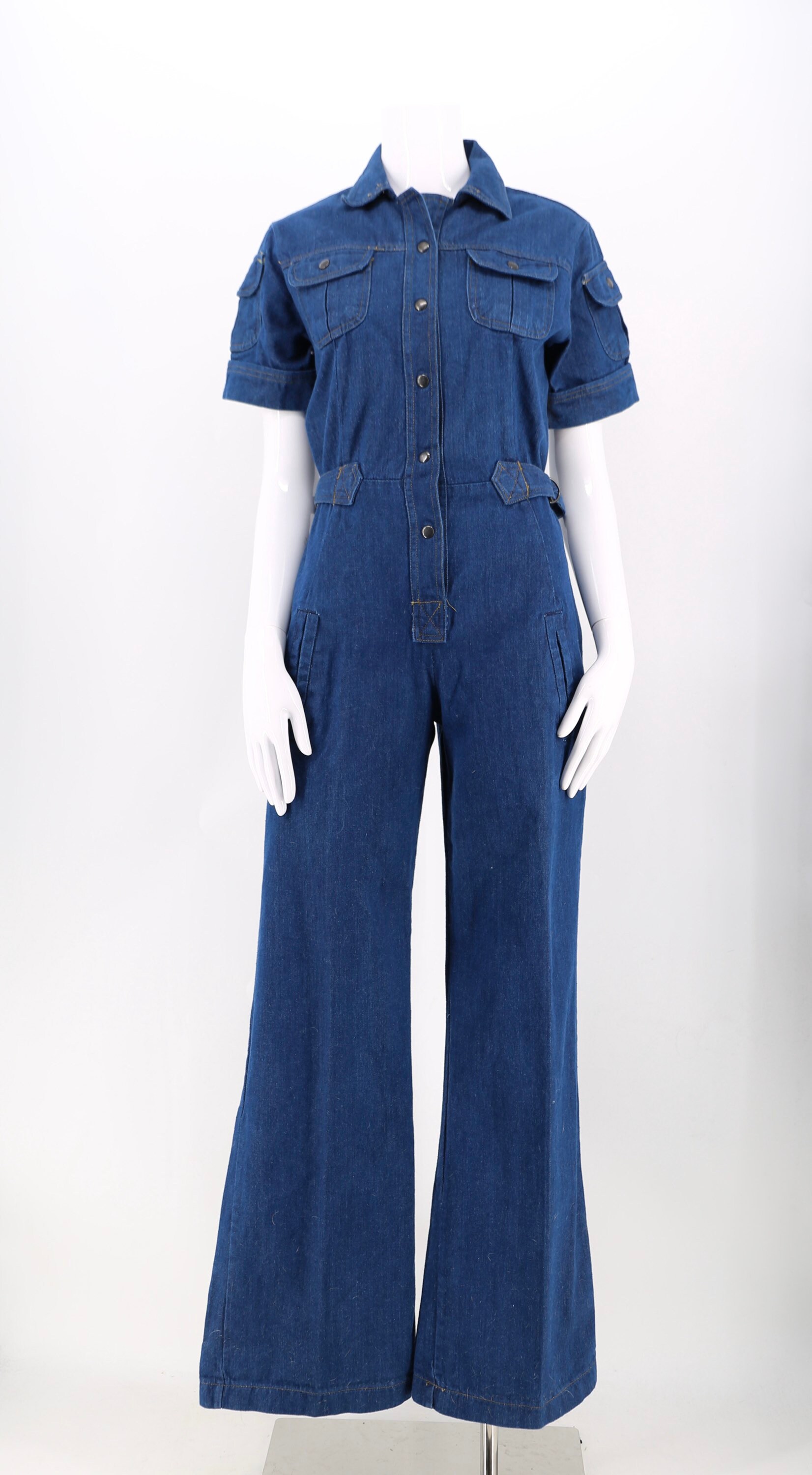 70s dark denim bell bottom jumpsuit / vintage 1970s flare leg cargo flight bell bottoms jumpsuit