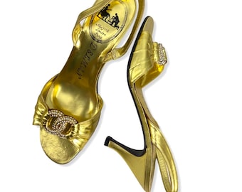 Scarpe anni '80 sz 7, tacchi alti DELMAN in oro vintage anni '80, sandali slingback anni '80