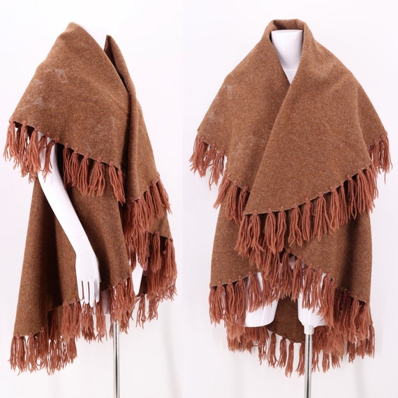 70s brown wool fringe blanket coat / vintage 1970s