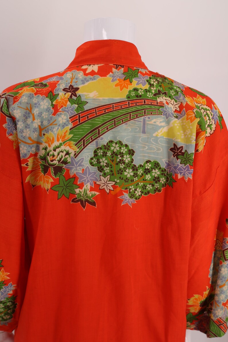 30s JAPAN kimono wool challis print robe / vintage 1930s export KIMONO in tangerine cherry blossom theme 20s image 5