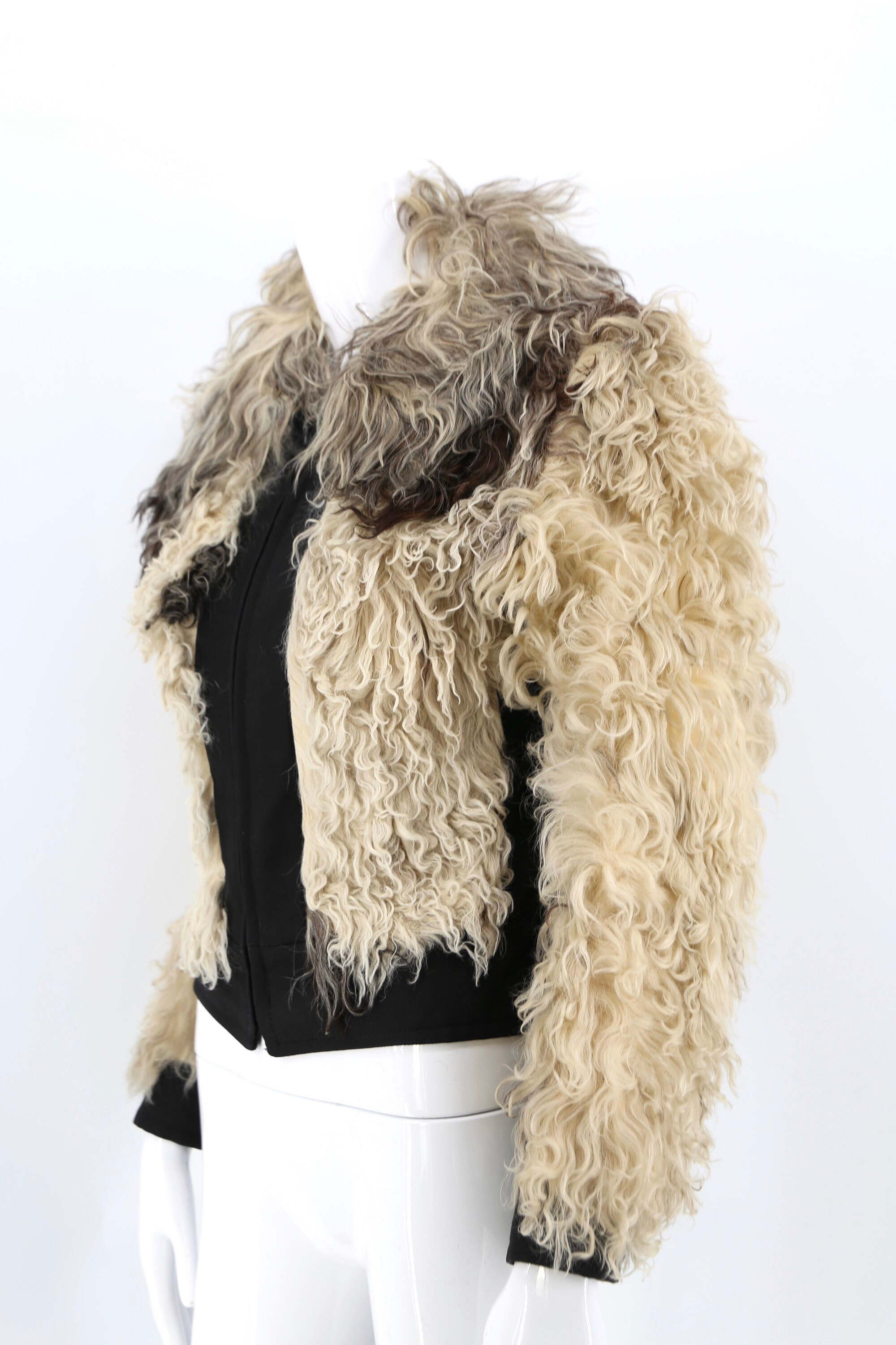 70s Mongolian lamb shaggy fur jacket / vintage 1970s black & white