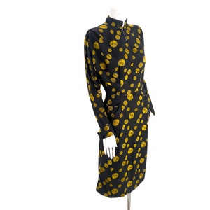 40s silk rayon day dress, vintage 1940s medallion print tailored dress, 50s wiggle dress, black yellow dress 25 W image 4