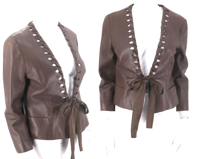 leather GIORGIO ARMANI taupe jacket, vintage 1990s lambskin tie jacket, designer tie jacket, Italy 42 8