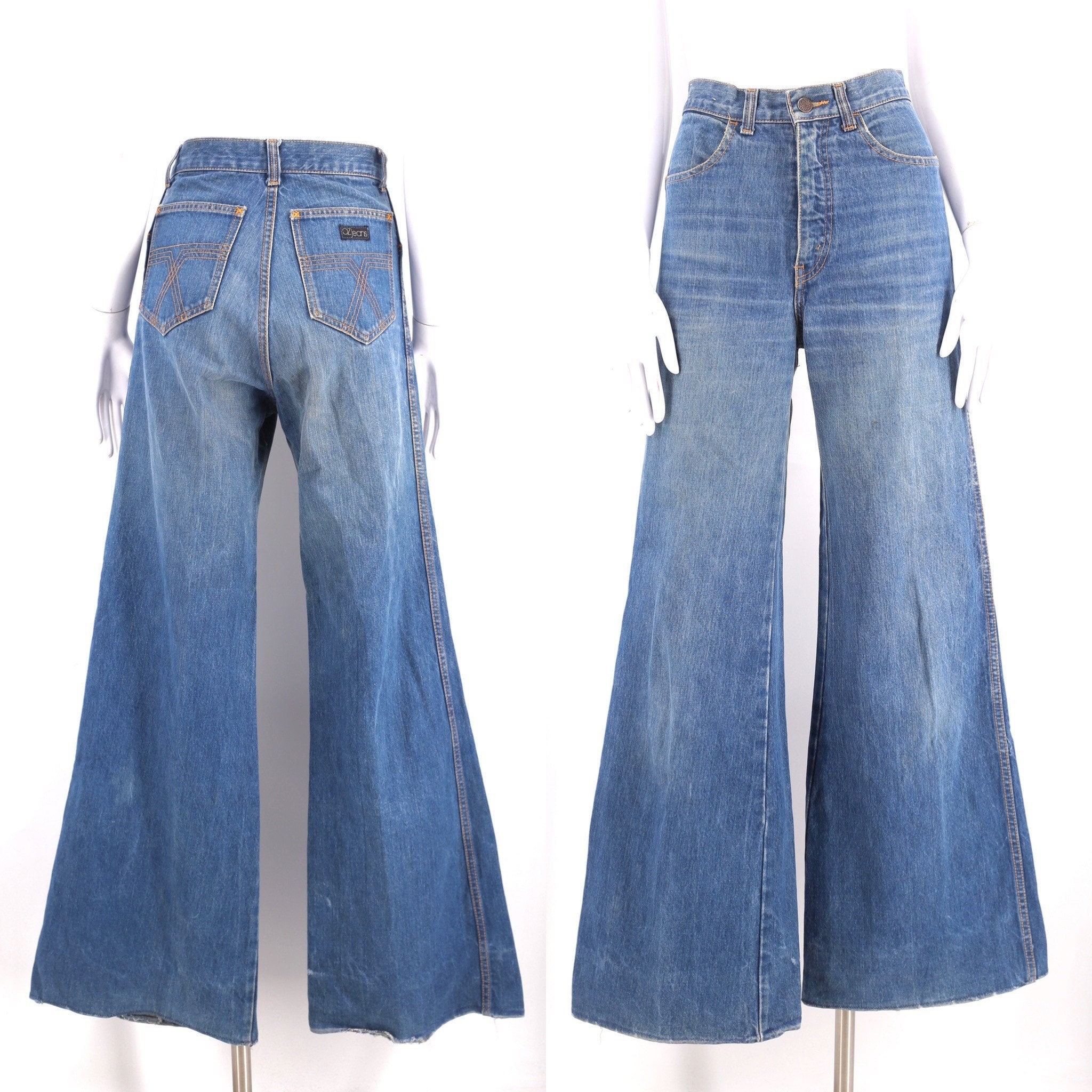 70s OZ JEANS denim high waisted bell bottom jeans 28 / vintage 1970s wide  leg bells pants sz 28