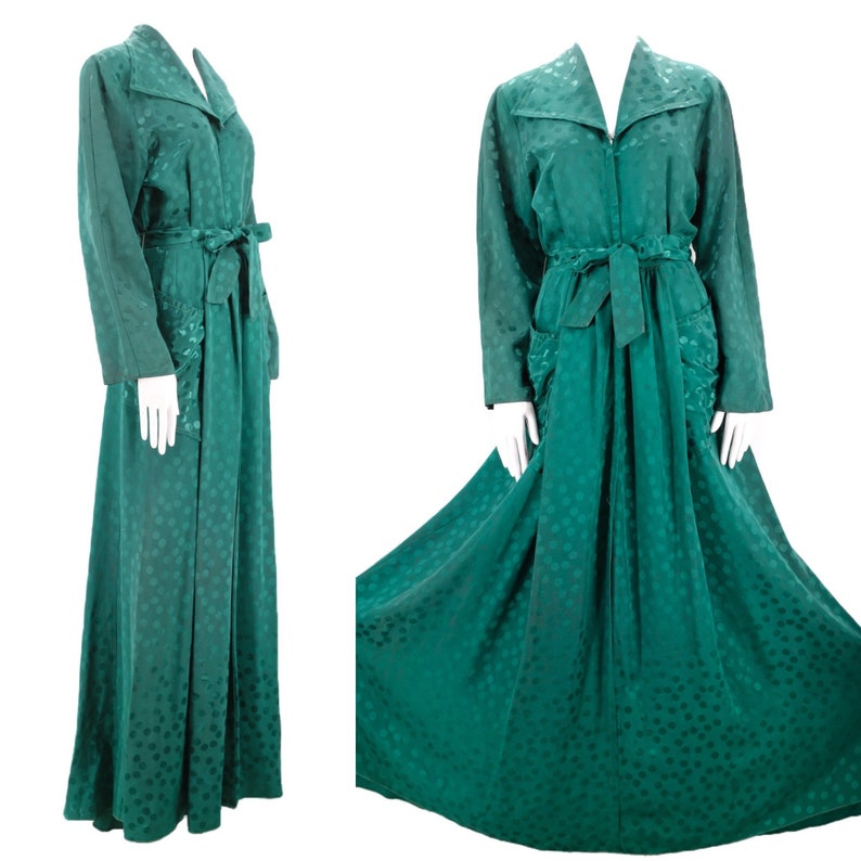 30s rayon Satin emerald dressing gown M / vintage late 1930s 40s dot print zip front dress with wide sweep and sash 1940s S-M image 1