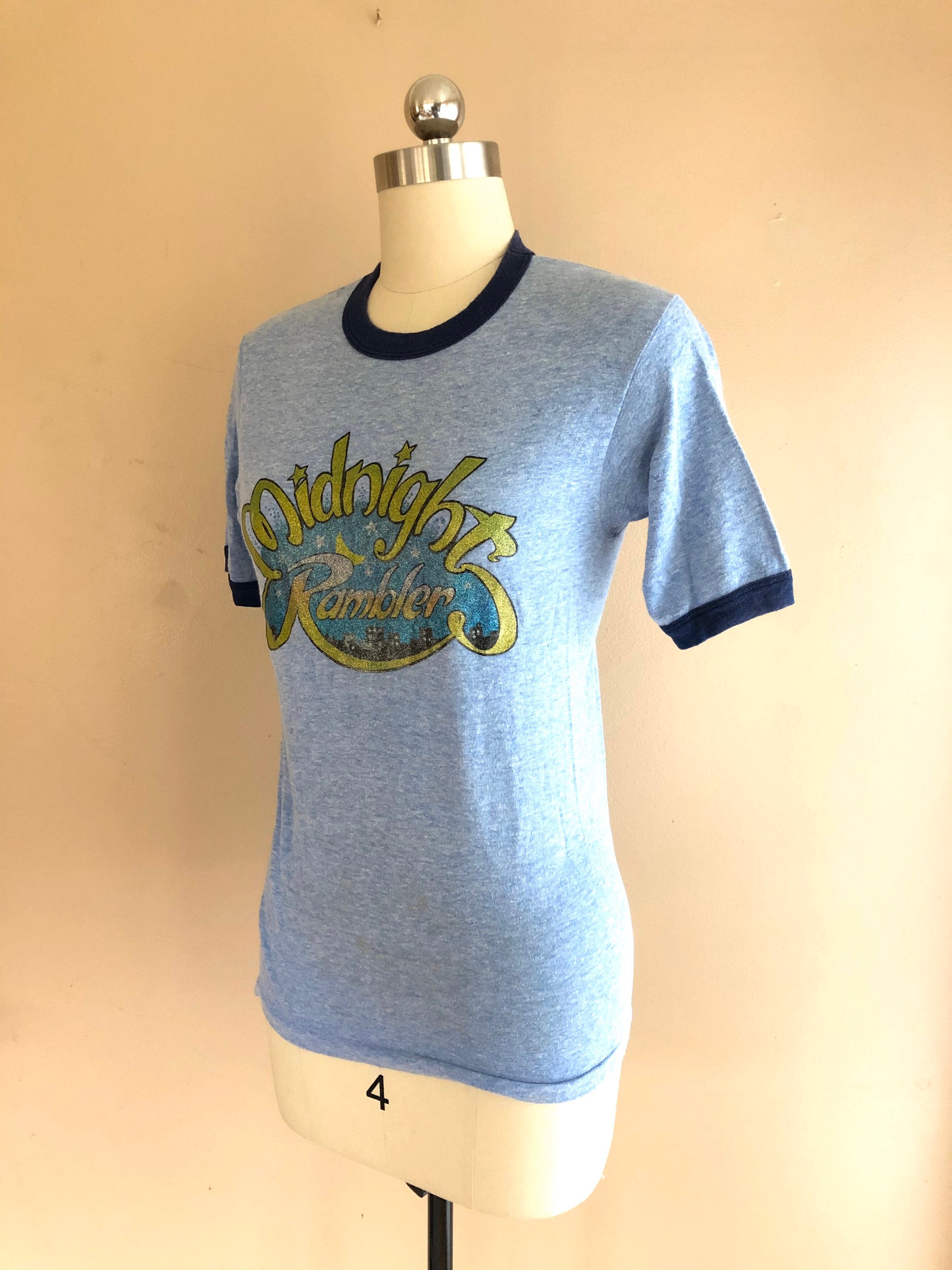 70s Midnight Rambler Blue Ringer T Shirt Vintage 1970s Novelty Sparkly Graphic Top Sz L