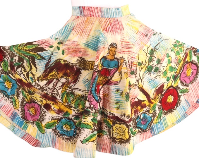 50s Mexican cotton hand painted sequin circle skirt 28, vintage 1950s Mexico souvenir full skirt, tourist postcard novelty print M