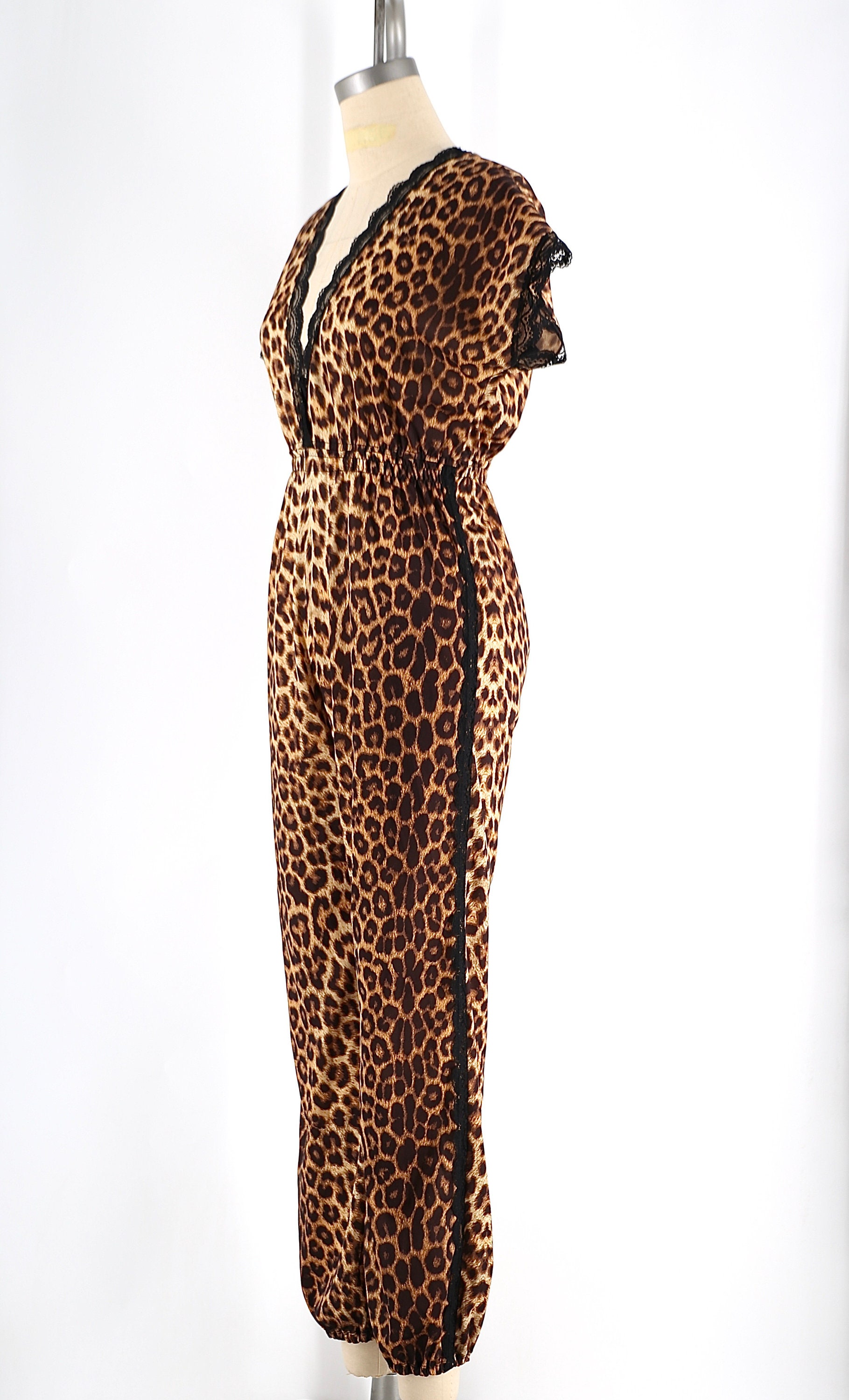 70s leopard print jumpsuit / vintage hellcat cheetah print polyester ...