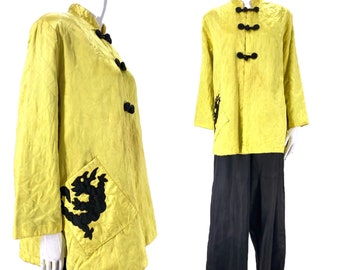 1950s satin lounge pajamas L / vintage 50s acid green trapeze jacket & black satin palazzo pants w/ DRAGON XL