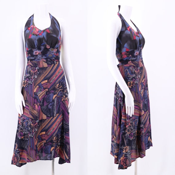 70s rayon print scarf halter dress M / vintage 197