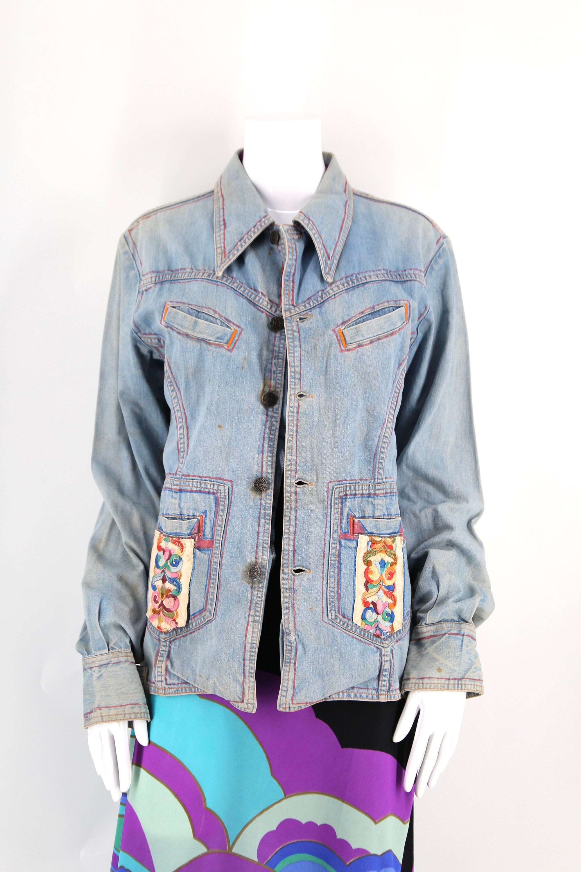 70s Faded Glory denim custom jacket / vintage 1970s worn in embroidered ...