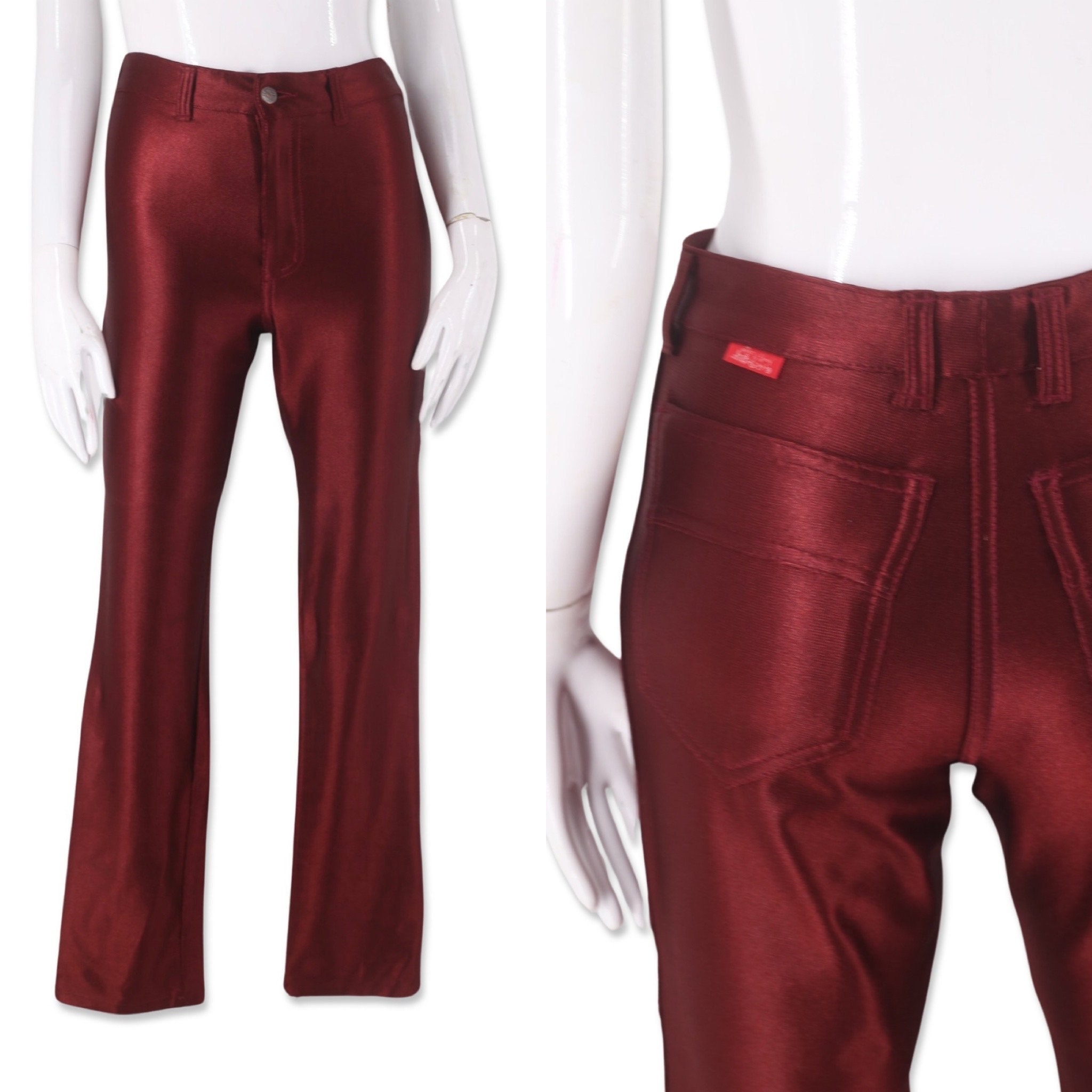 70s Chemin De Fer disco pants S, vintage 80s original spandex wine red pants,  1970s shiny skin tight leggings size 4-6 26