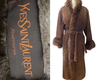 80s YVES SAINT LAURENT Fox Fur Suede coat size L, Women's vintage 1980s designer sheared fur lined maxi coat, tie jacket duster Fourrures