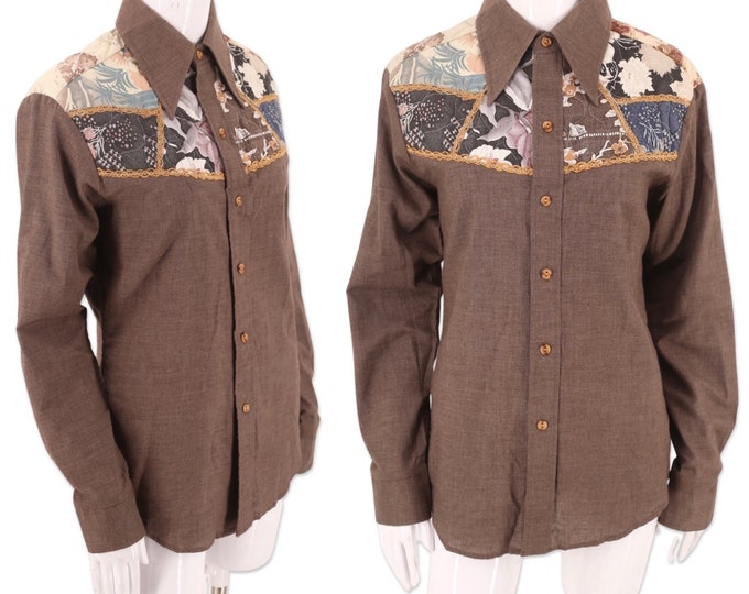 70s KENNINGTON mens shirt sz M, vintage 1970s patchwork shirt, 70s menswear, mens vintage medium