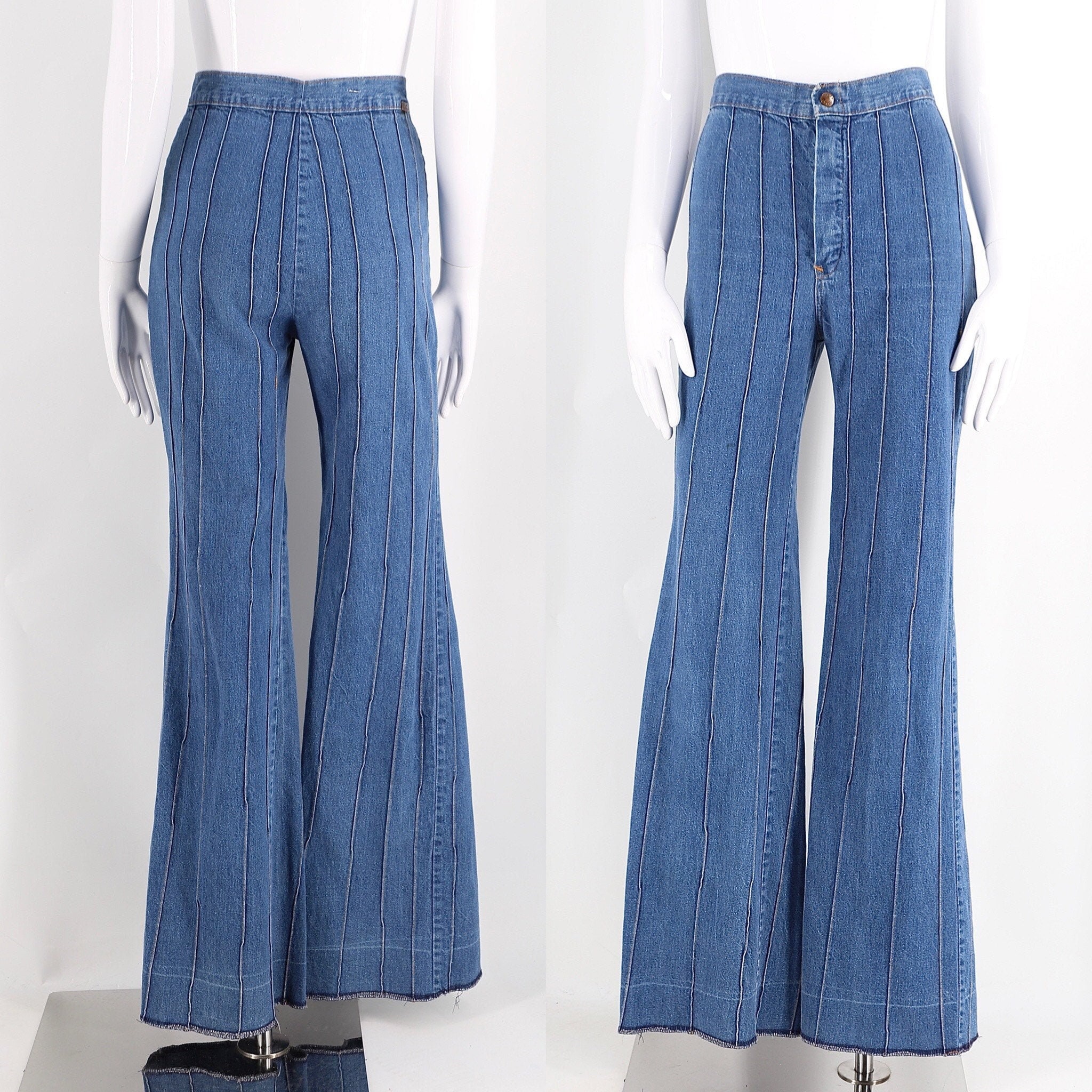 70s high waisted sz 26 seamed denim bell bottoms jeans / vintage 1970s ...