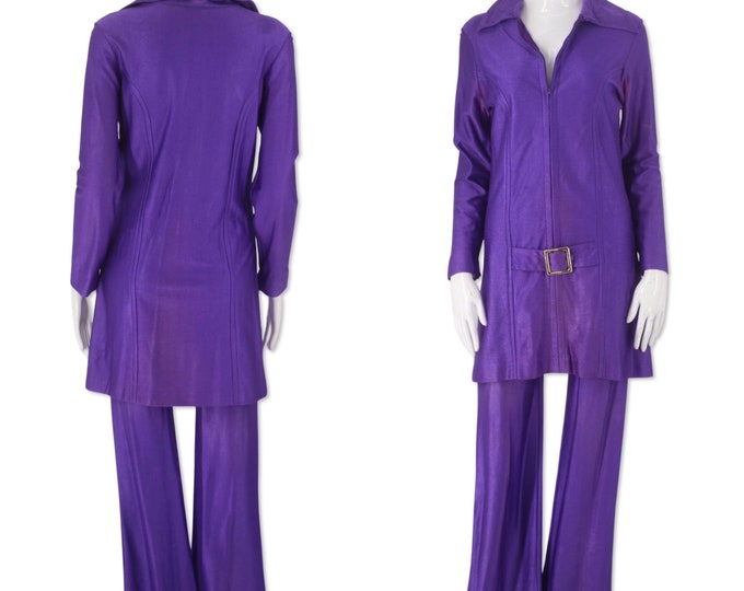 60s purple bell bottom outfit set, vintage 1960s mod tunic and bells pants 2 piece for wear or costume M 4-6