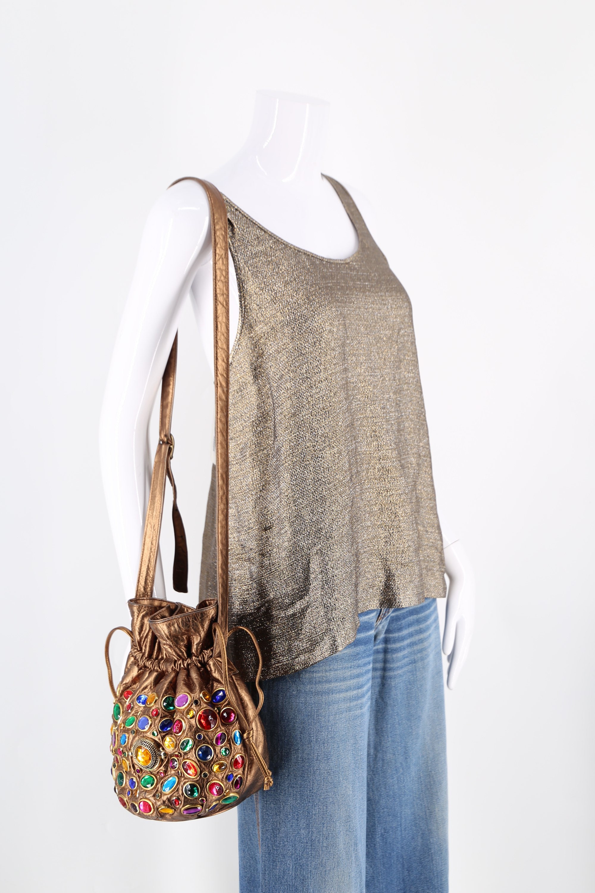 80s JEWELED bronze leather bucket bag / vintage 1980s big gem