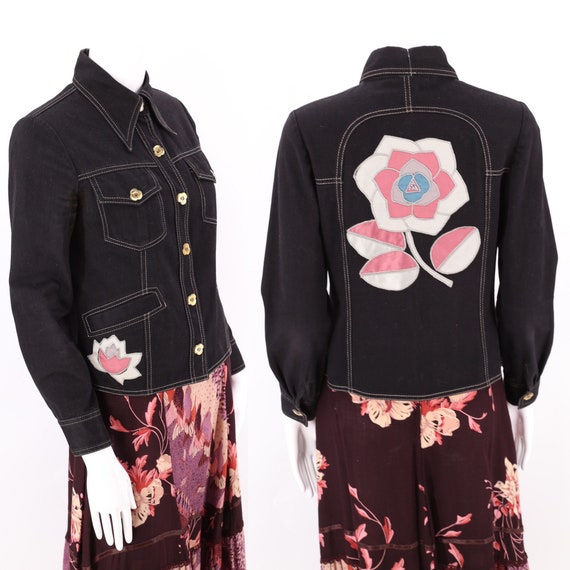 70s Roncelli Black Appliqued Brushed Cotton Jacket