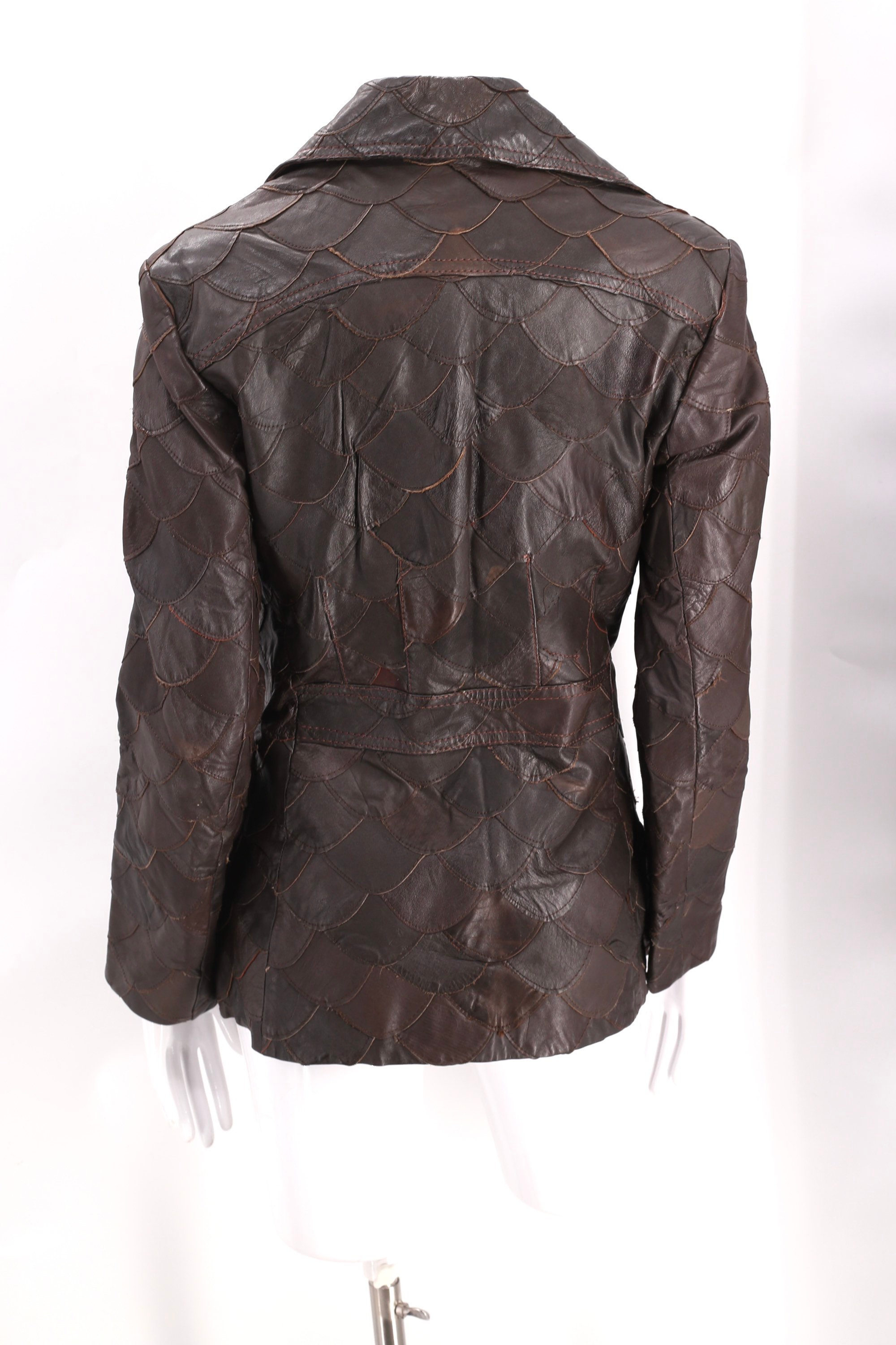 70s fish scale patchwork leather jacket M / vintage 1970s brown patchwork tailored fish scale