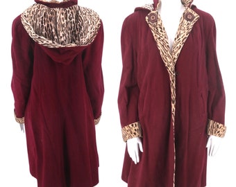 40s hooded leopard swing coat, vintage 1940s cranberry winter coat, cheetah print coat, 30s Deco coat M/L