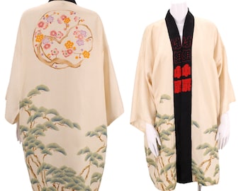 30s silk kimono /Bonsai print silk Japanese kimono / vintage cream cherry blossom floral print Deco duster robe antique one size 1930s 1940s