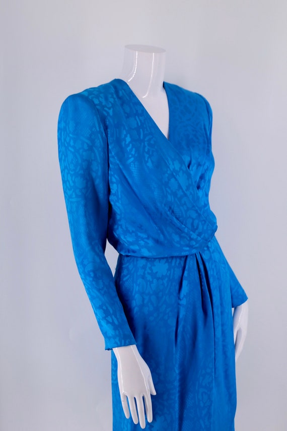 80s GIVENCHY silk print teal draped dress sz 40 /… - image 7