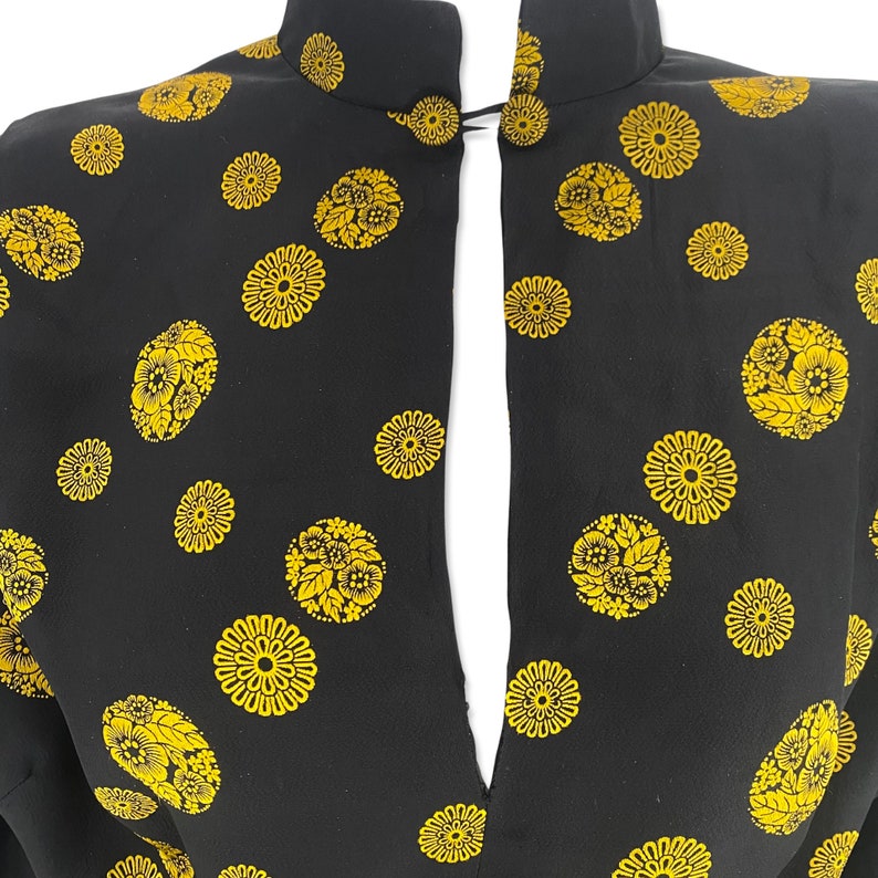 40s silk rayon day dress, vintage 1940s medallion print tailored dress, 50s wiggle dress, black yellow dress 25 W image 2