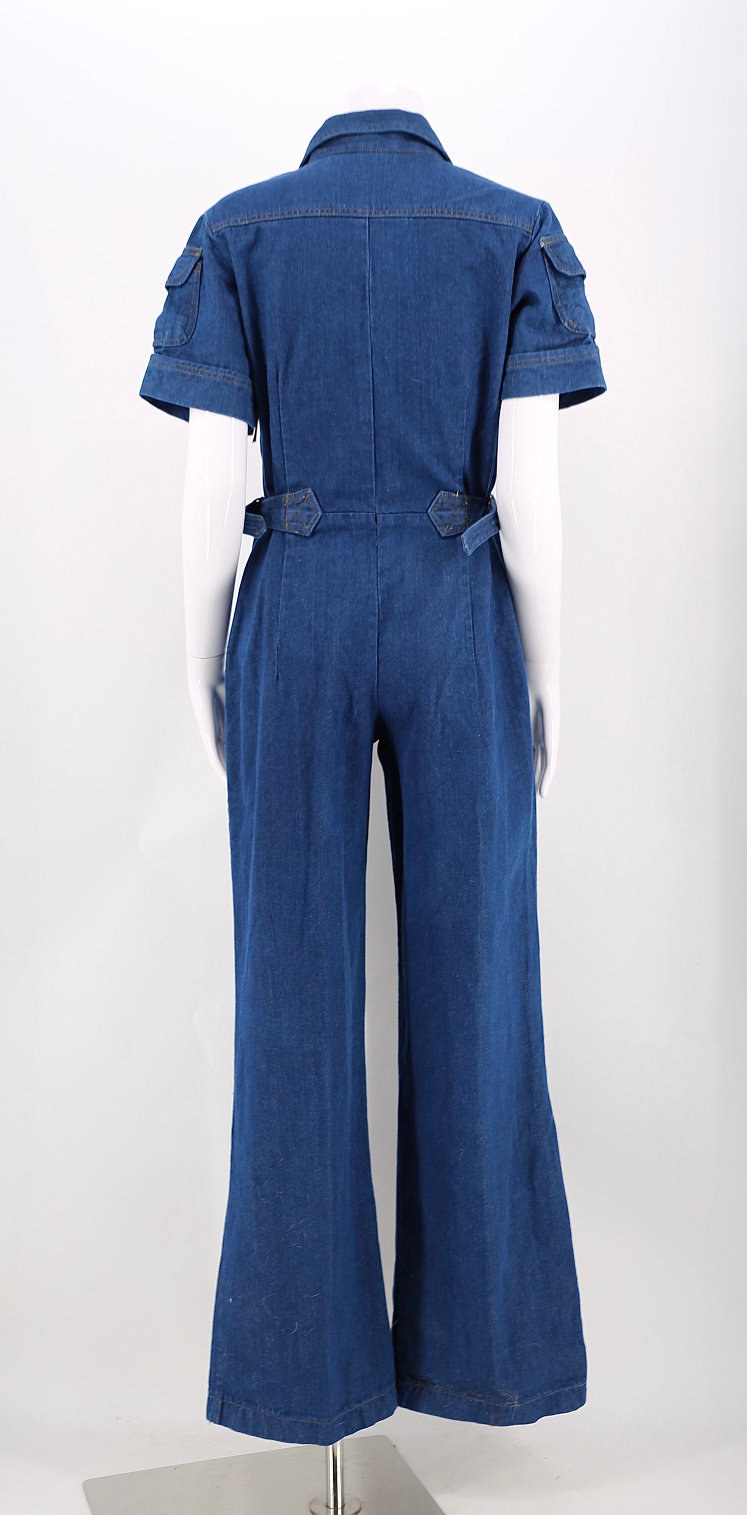 70s dark denim bell bottom jumpsuit / vintage 1970s flare leg cargo ...