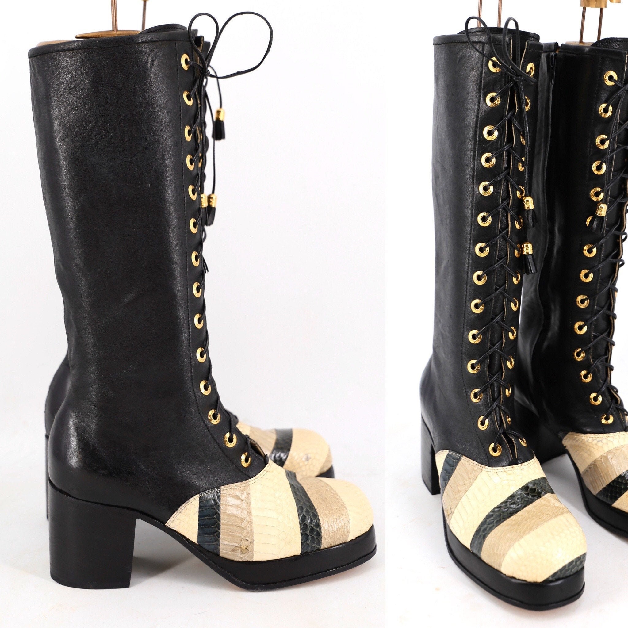 platform HENRY DUARTE leather & snakeskin 70s boots mens 10 / vintage 1970s inspired platforms